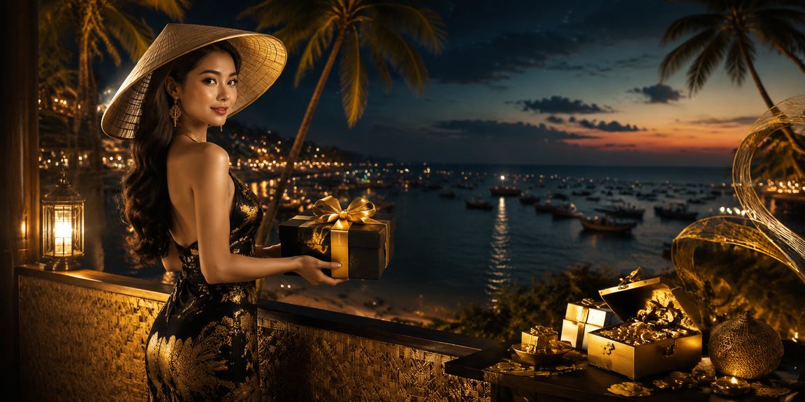 Cảnh giải trí casino tại Mũi Né với phụ nữ đội nón lá truyền thống Việt Nam